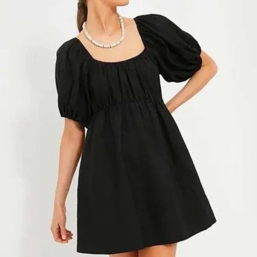 NWT Tuckernuck Pomander Place Black Linen Mini Dress Puff Sleeves ($148) Size M